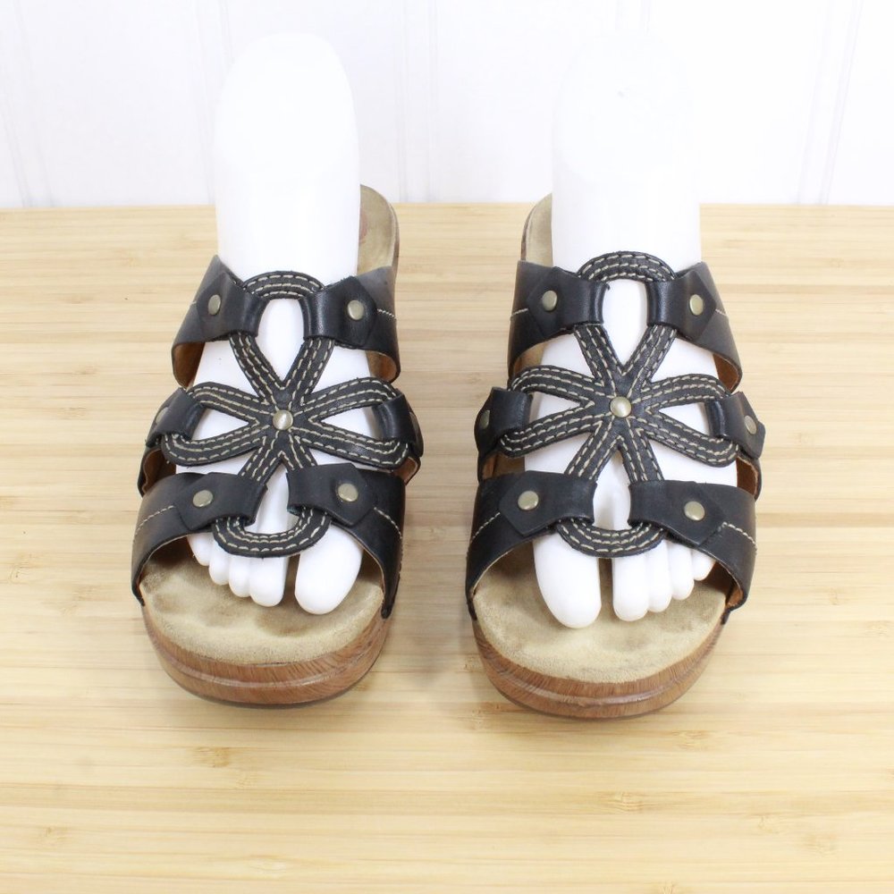 Dansko Serena Floral Laser Cut Black Leather Studded Heeled Sandals Size 10 - Picture 1 of 9